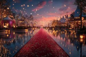 Festive riverside celebration at dusk with illuminated decorations and vibrant city skyline photo