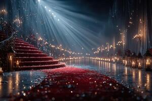 Magical evening atmosphere with glowing lights and a red carpet leading down elegant stairs photo