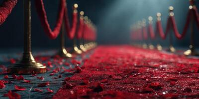 Red carpet lined with velvet ropes and rose petals during a glamorous evening event in an elegant venue photo