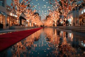 Beautifully illuminated shopping avenue adorned with festive lights in the evening photo