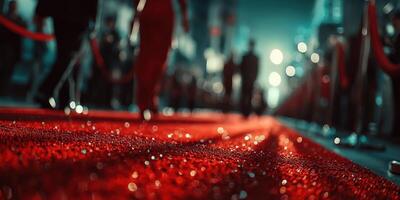 Stars walk down a shimmering red carpet at a glamorous event in the evening, capturing the essence of celebrity culture and excitement photo