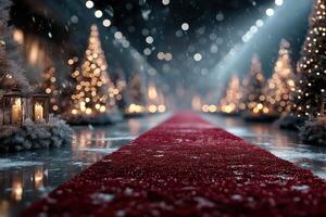 Elegant red carpet pathway lined with festive trees and warm lights in a glamorous holiday setting photo