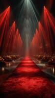 Luxurious red carpet pathway illuminated by dramatic lighting in an elegant venue before a grand event photo