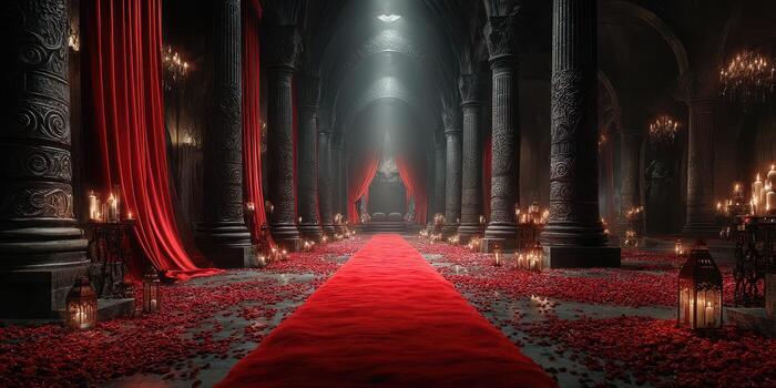 Elegant red carpet pathway adorned with rose petals and dim candlelight in an ancient stone hall photo