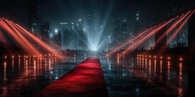 Dramatic party entrance illuminated by red lights with a city skyline backdrop at night photo