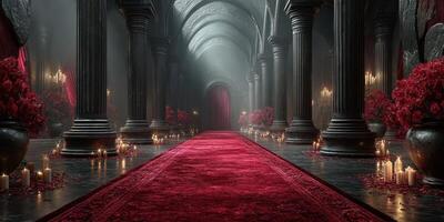 Elegant corridor adorned with roses and candles in a gothic setting at dusk photo