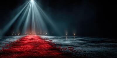 Dramatic lighting illuminates a red carpet leading to a mysterious venue during an elegant event photo