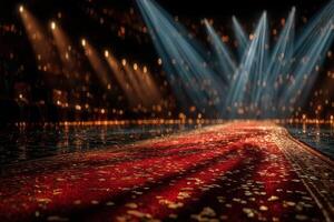 Elegant red carpet leading to a spotlighted stage filled with shimmering lights and a festive atmosphere in an indoor venue photo