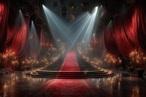 Grand staircase adorned with red drapery and candles in an opulent hall during twilight photo