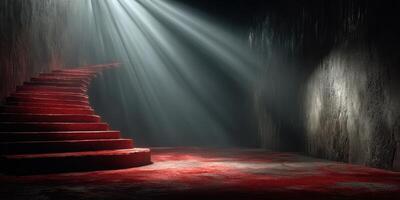 Dark staircase illuminated by dramatic light beams in an eerie environment photo