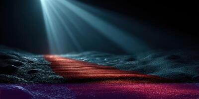 Mysterious red pathway illuminated by soft light in a dark, atmospheric environment photo