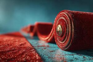 Vibrant red paint rollers ready for creative home projects on a blue surface photo
