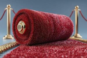 Luxury red carpet rolls out for a prestigious event with golden stanchions in a glamorous setting photo