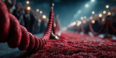 Elegant red carpet lined with velvet ropes awaits guests at a glamorous event in a dimly lit venue during the evening photo