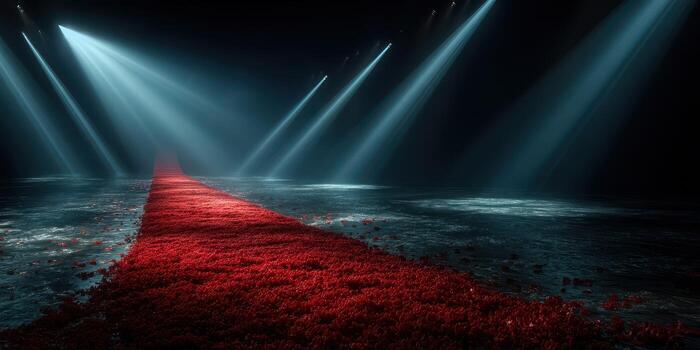 Illuminated runway surrounded by red petals creates a dramatic atmosphere for a high-profile fashion event at night photo