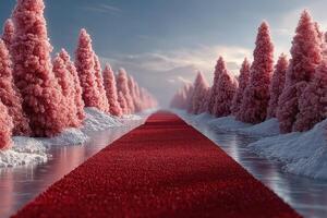 Winter landscape featuring a red carpet pathway lined with pink trees and snowy surroundings under a clear sky photo