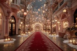 Holiday wonderland pathway lined with glowing lanterns and illuminated trees during winter evening photo