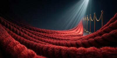 Red velvet ropes guide the way along a dimly lit pathway, inviting guests to an exclusive event photo