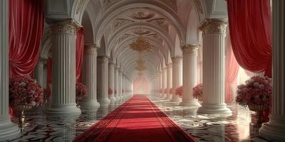 Elegant grand hallway adorned with red curtains and floral arrangements in a historic palace setting photo
