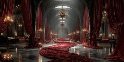 Elegant interior with rich red drapery and chandeliers in a grand hall during twilight hours photo