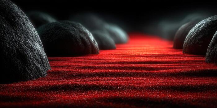 A surreal landscape featuring red flowing material and dark rocks under dim lighting photo