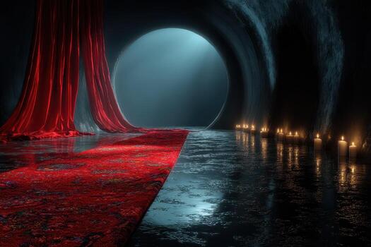 Mysterious cavern lit by candles and draped in red fabric showcases an enchanting atmosphere for a dramatic setting photo