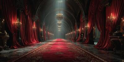 Elegant hallway with red curtains and chandeliers illuminated by soft light in a grand setting photo