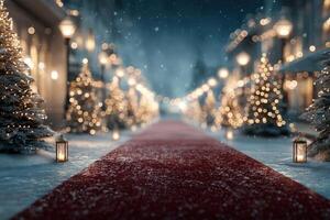 Stunning winter evening with a red carpet lined by illuminated Christmas trees and lanterns in a snowy street photo