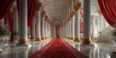 Grand corridor in an opulent palace decorated with red drapes and golden accents at midday photo