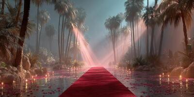Red carpet walkway amidst tropical foliage and dramatic lighting at dusk photo