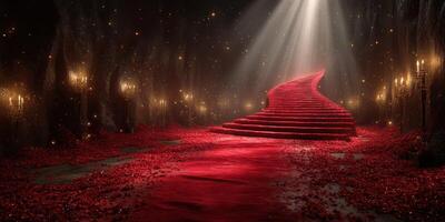 Stunning red staircase surrounded by rose petals and candlelight in an ethereal cavern at twilight photo