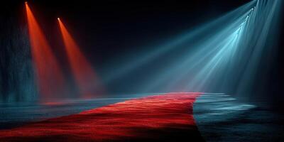 Dramatic lighting in an empty space with red and blue beams illuminating a textured red carpet photo