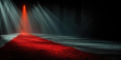 Light beams shine down on a red carpet leading into darkness at an event venue in the evening photo