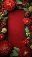 Colorful floral arrangement with red flowers and greenery on textured background for creative projects and celebrations photo