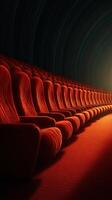 Elegant red seating illuminates a grand theater in soft light during a serene evening performance photo