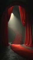 Elegant red curtains frame an enchanting staircase illuminated by soft light in a mystical setting photo