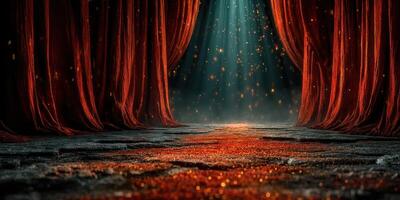 Stage backdrop with red curtains and glowing particles illuminated by light during a theatrical performance photo