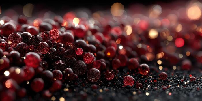 espumoso rojo rosario dispersado en un oscuro superficie crear un fascinante visual a noche foto