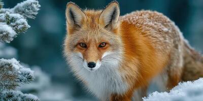 Red fox explores snowy forest during cold winter morning in serenity photo