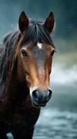 Brown horse standing near water during a misty morning in a tranquil landscape photo