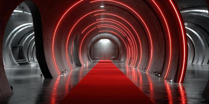 Modern architectural design featuring illuminated red accents and a red carpet in a sleek underground tunnel photo