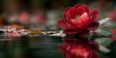 Water lily blossoms gracefully on still water during early morning hours in a serene garden setting photo