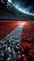 View of a red athletic track with a focus on the lane markings in an empty stadium during evening hours photo