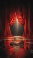 Red velvet curtains drawn back revealing a spotlight on an empty stage during a dramatic performance photo
