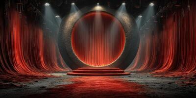 Stunning circular stage setup with dramatic red curtains and lighting for a theatrical performance or event photo