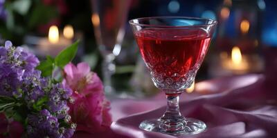 Elegant cocktail garnished with flowers in a romantic setting during evening gathering photo