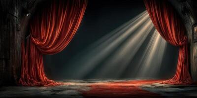 Curtains open revealing a mysterious stage illuminated by beams of light in a dimly lit theater photo