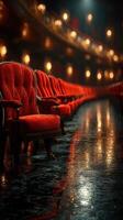 Elegant red velvet chairs in a vintage theater with warm lighting creating a captivating atmosphere before the show photo