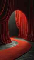 Elegant red curtains draping an inviting pathway in a theatrical setting with soft lighting creating an alluring atmosphere photo