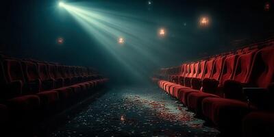 Empty theater with red velvet seats and dramatic lighting creates an atmospheric setting for a cinematic experience photo